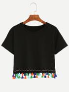 Romwe Tassel Trimmed Crop T-shirt - Black