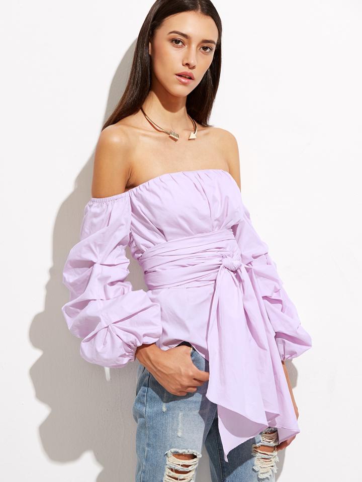 Romwe Purple Off The Shoulder Billow Sleeve Wrap Blouse