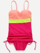 Romwe Hot Pink Color Block Ruched Drawstring Side Swimwear
