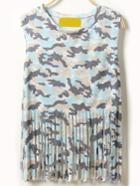 Romwe Fringe Blue Camouflage Sleeveless Top