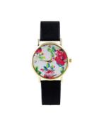 Romwe Black Pu Wristband Flower Print Wrist Watch Bracelets