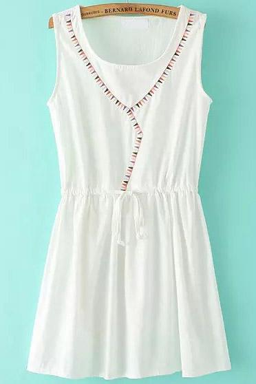 Romwe White Sleeveless Triangle Embroidered Drawstring Dress