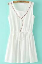 Romwe White Sleeveless Triangle Embroidered Drawstring Dress