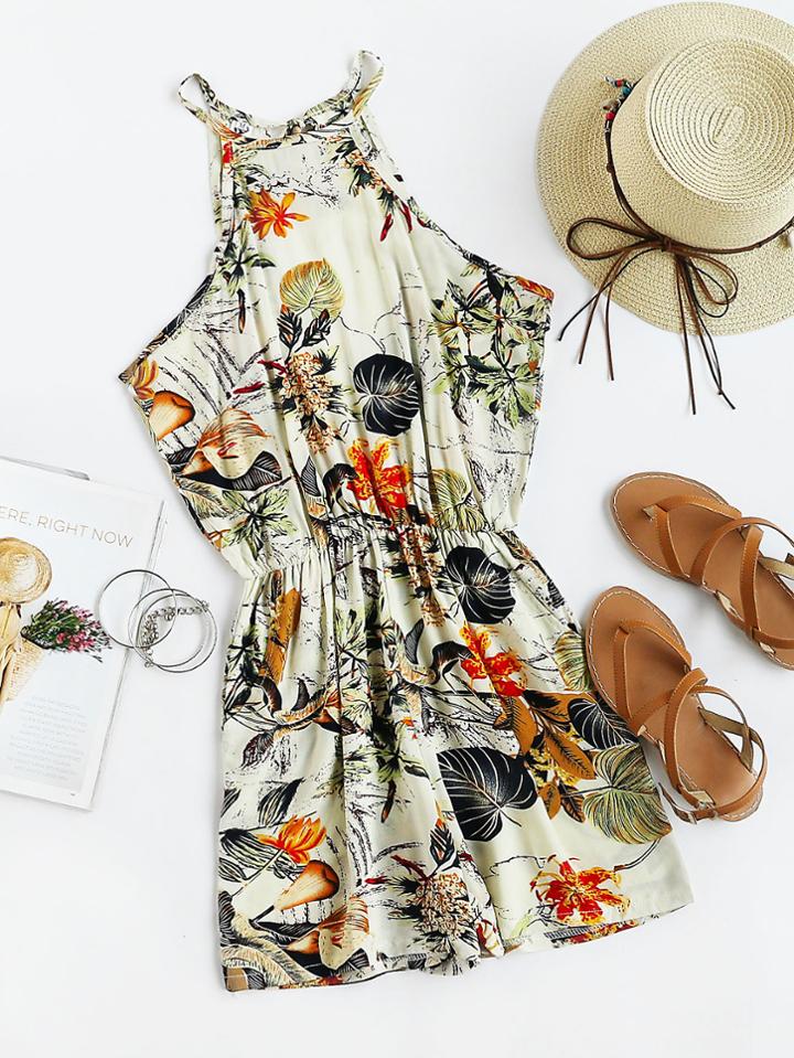 Romwe Palm Leaf Open Back Self Tie Cami Romper