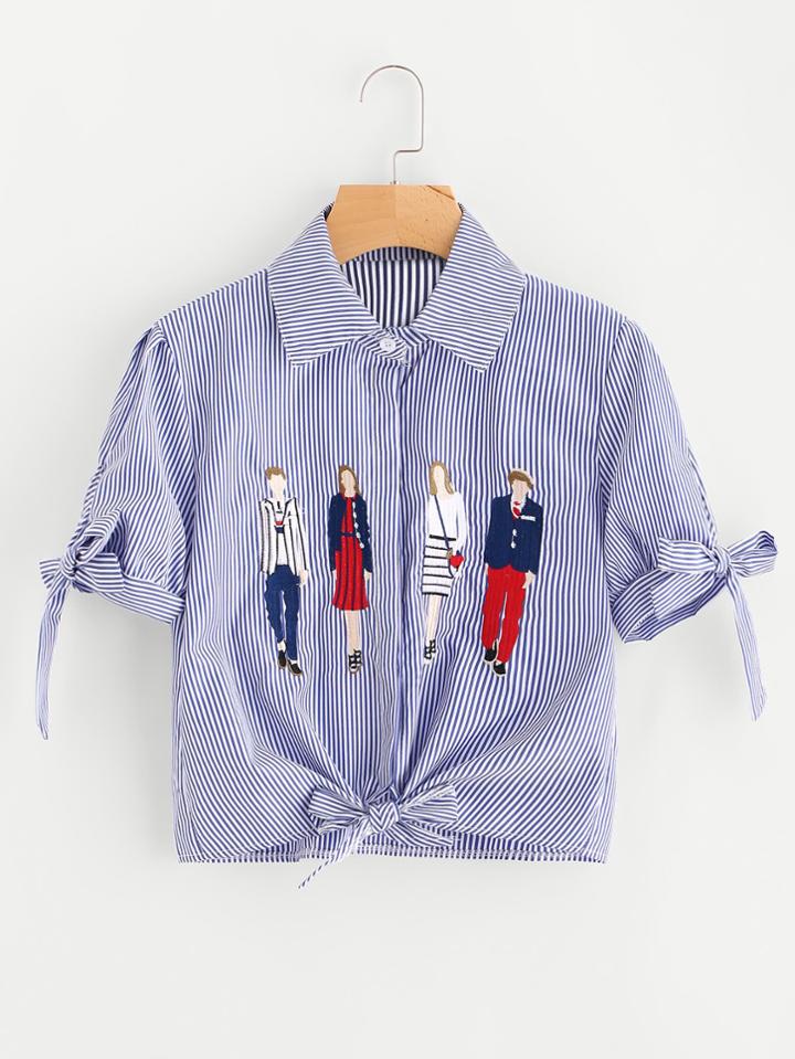 Romwe Embroidered Striped Bow Tie Blouse