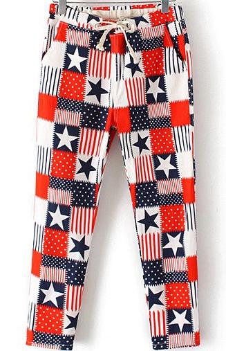 Romwe Drawstring Star Print Slim Red Pant