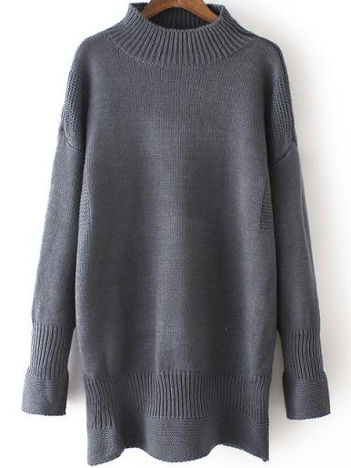 Romwe Mock Neck Bell Sleeve Grey Sweater Dress
