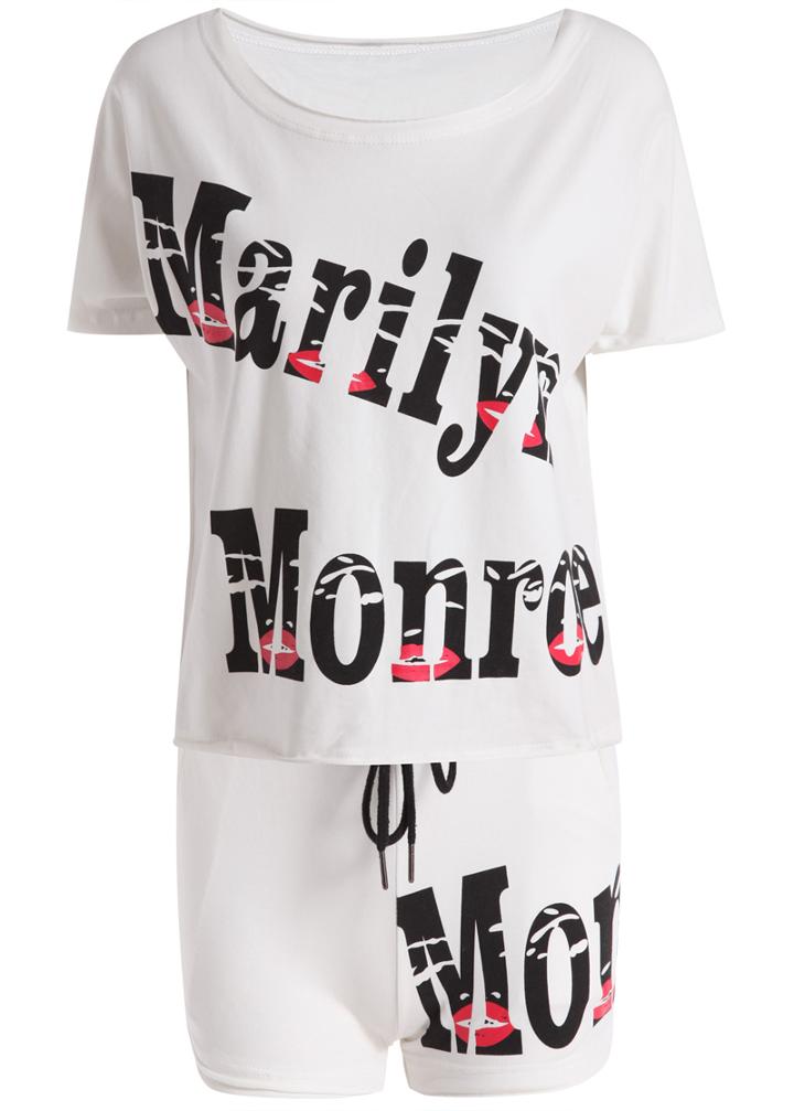 Romwe Short Sleeve Letters Print Top With Drawstring Shorts