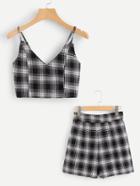 Romwe Zip Up Back Checked Cami With Shorts