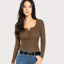 Romwe Scoop Neck Ribbed Henley Tee