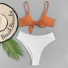 Romwe Knot Front Spaghetti Strap Top With High Leg Bikini