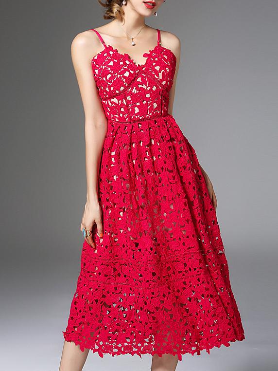 Romwe Red Backless Crochet Hollow Out Dress