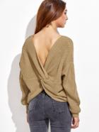 Romwe Khaki V Back Twist Drop Shoulder Sweater