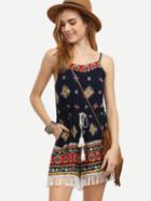 Romwe Spaghetti Strap Tribal Print Drawstring Waist Fringe Romper