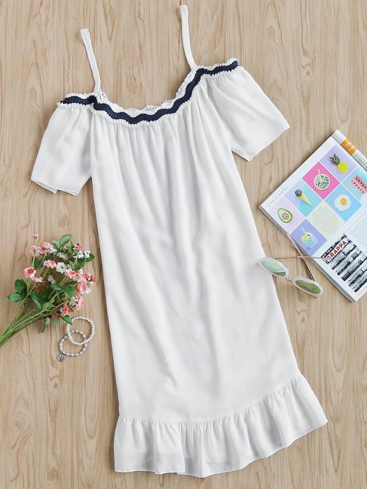 Romwe Cold Shoulder Contrast Trim Night Dress