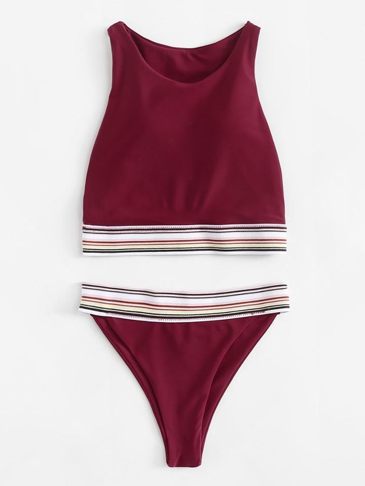 Romwe Striped Trim High Neck Bikini Set