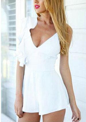 Romwe Deep V Neck Ruffle Open Back Jumpsuit