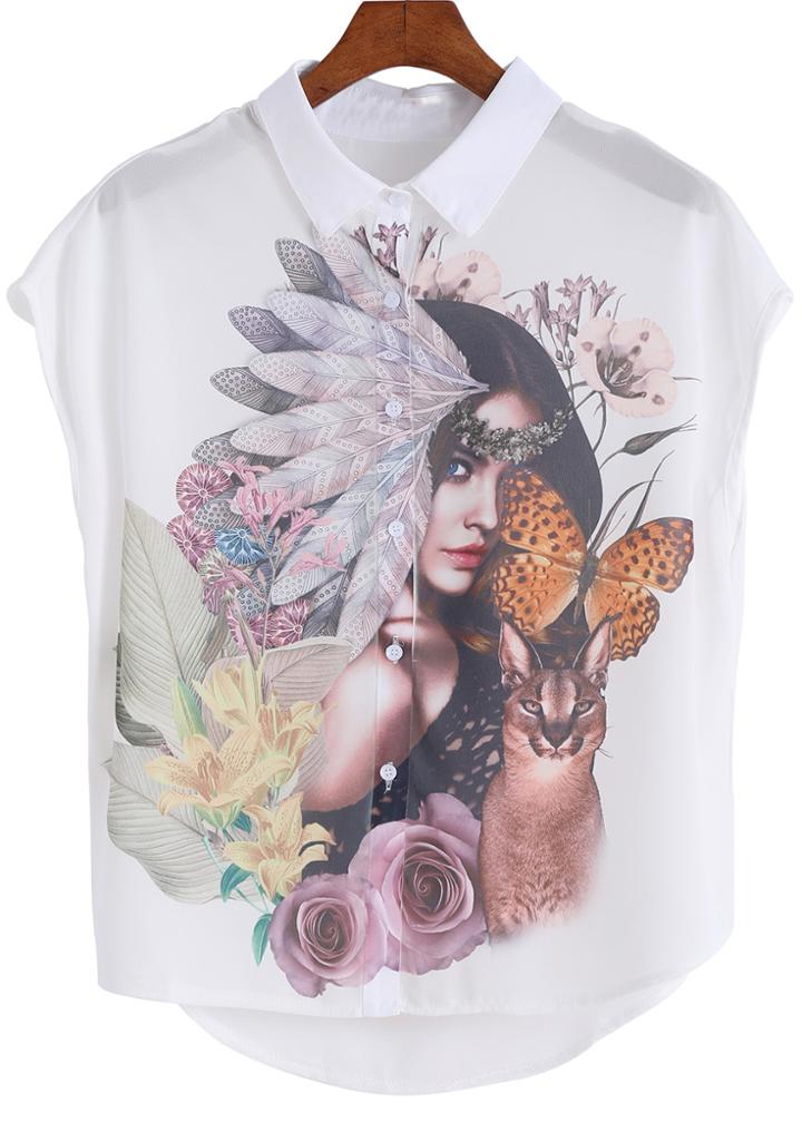 Romwe Lapel Dip Hem Painted Print Chiffon White Blouse