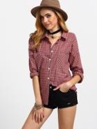 Romwe Dual Pocket Front Red Plaid Blouse