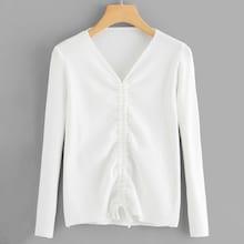 Romwe V Neck Drawstring Front Ribbed Sweater