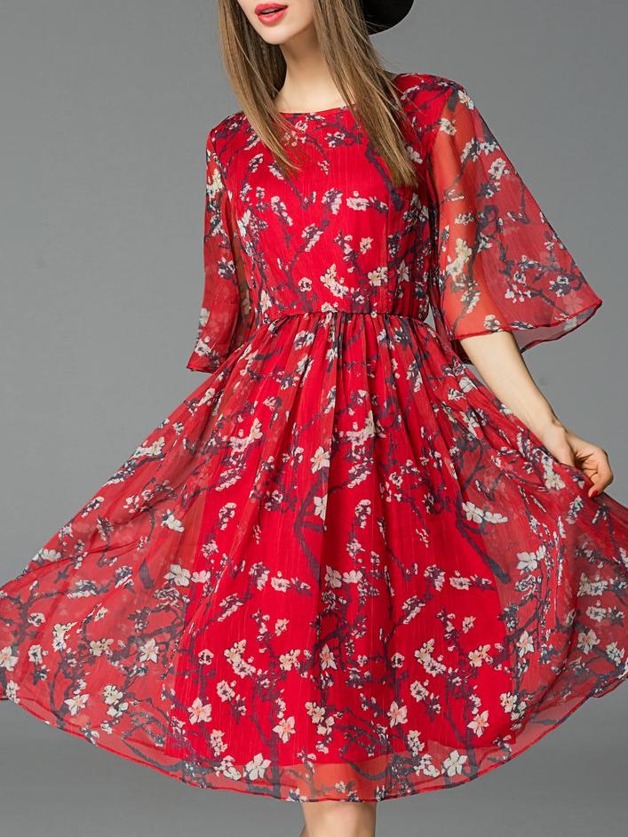 Romwe Red Bell Sleeve A-line Pleated Floral Dress