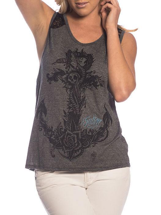 Romwe Grey Contrast Lace Anchors Skull Print Tank Top