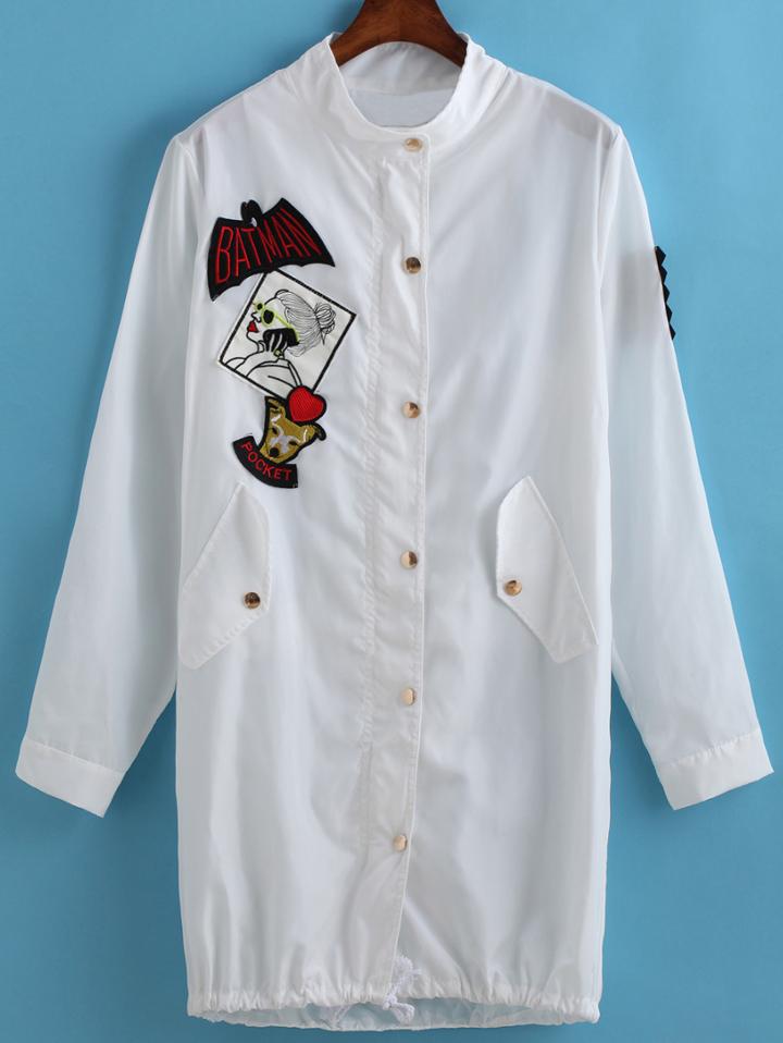 Romwe Stand Collar Patch Embroidered With Pockets Coat