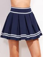 Romwe Blue Striped Trim Pleated A Line Skort