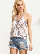 Romwe White Tribal Print Top With Embroidered Tape Detail