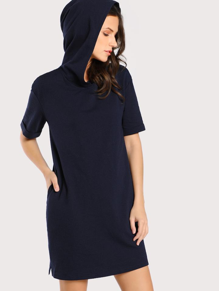 Romwe Roll Cuff Vented Hem Tee Dress With Hood