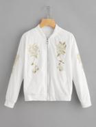 Romwe Embroidered Sequin Detail Zip Up Jacket