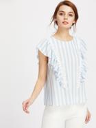 Romwe Lace Applique Frill Cap Sleeve Keyhole Back Striped Top
