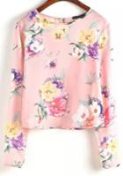 Romwe Pink Long Sleeve Floral Crop Blouse