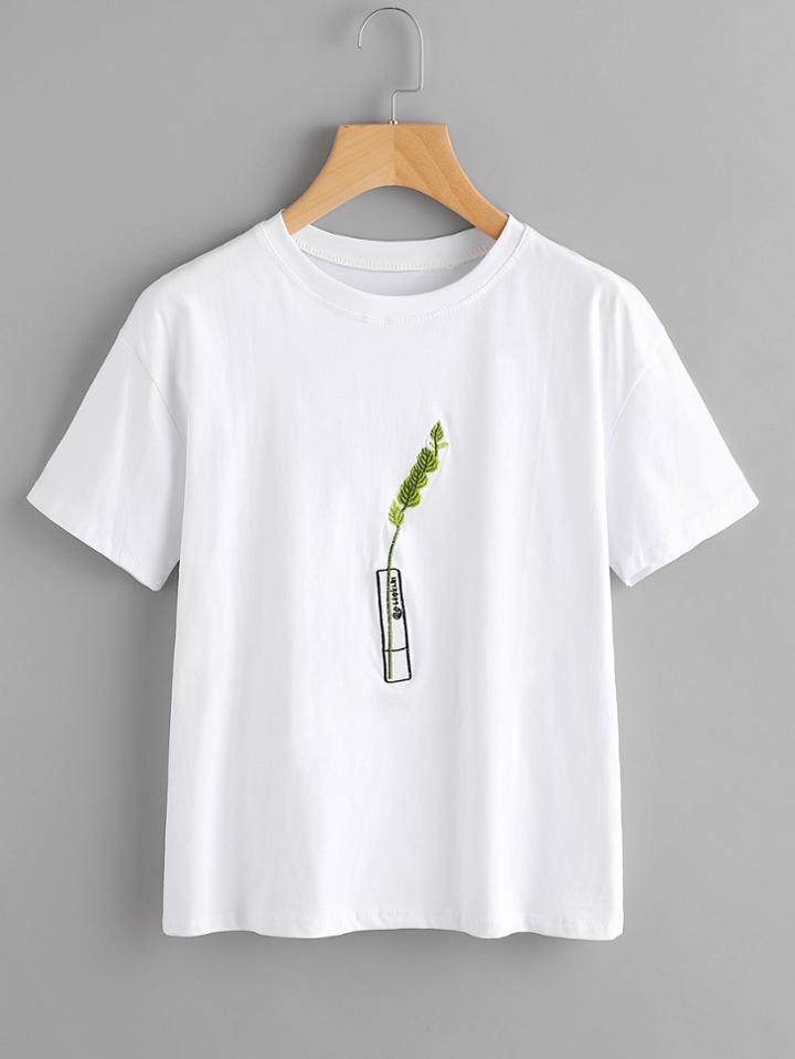 Romwe Leaf Embroidered Tee
