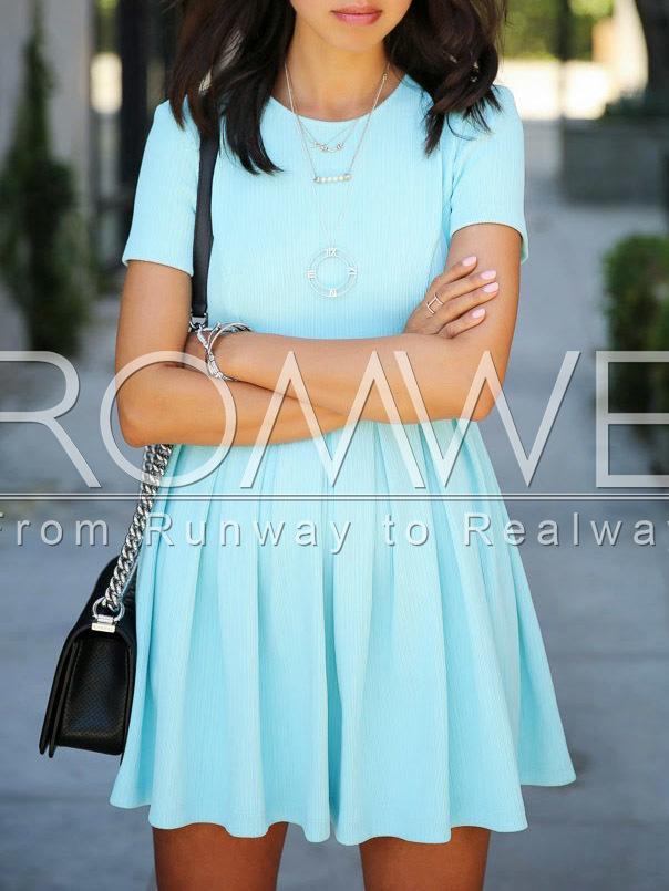 Romwe Blue Crew Neck Pleated Dress