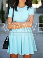 Romwe Blue Crew Neck Pleated Dress