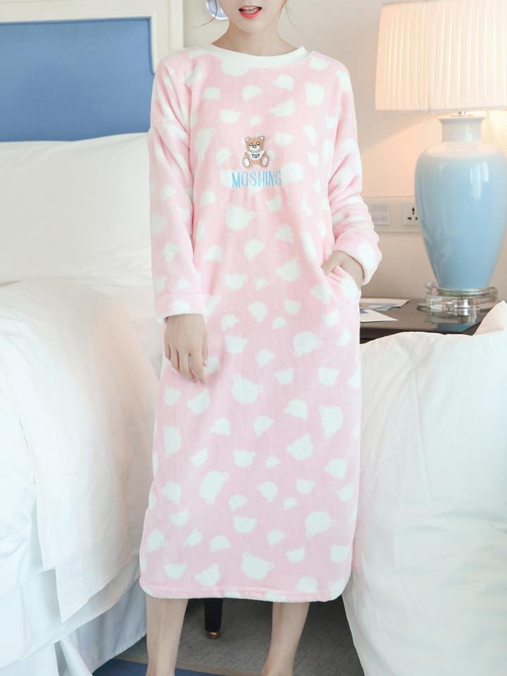 Romwe Faux Fleece Drop Shoulder Bear Embroidered Night Dress