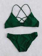 Romwe Green Criss Cross Detail Triangle Bikini Set