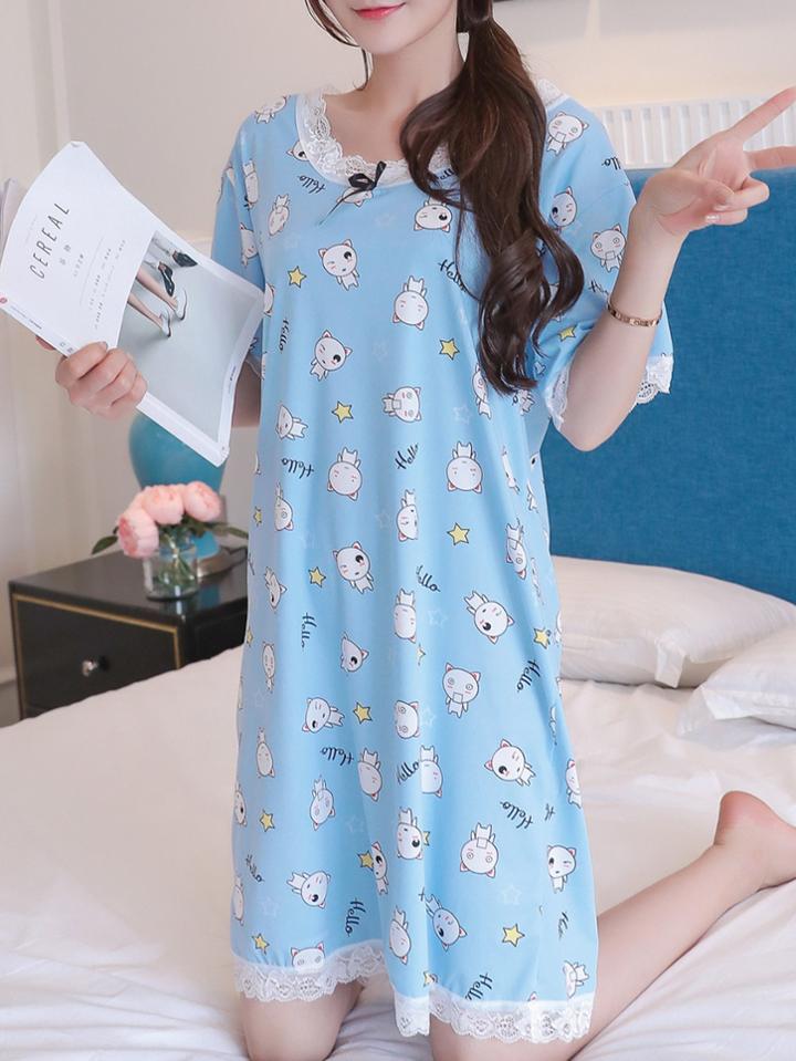 Romwe Lace Trim Cartoon Night Dress