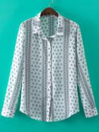 Romwe Black White Long Sleeve Buttons Front Print Blouse