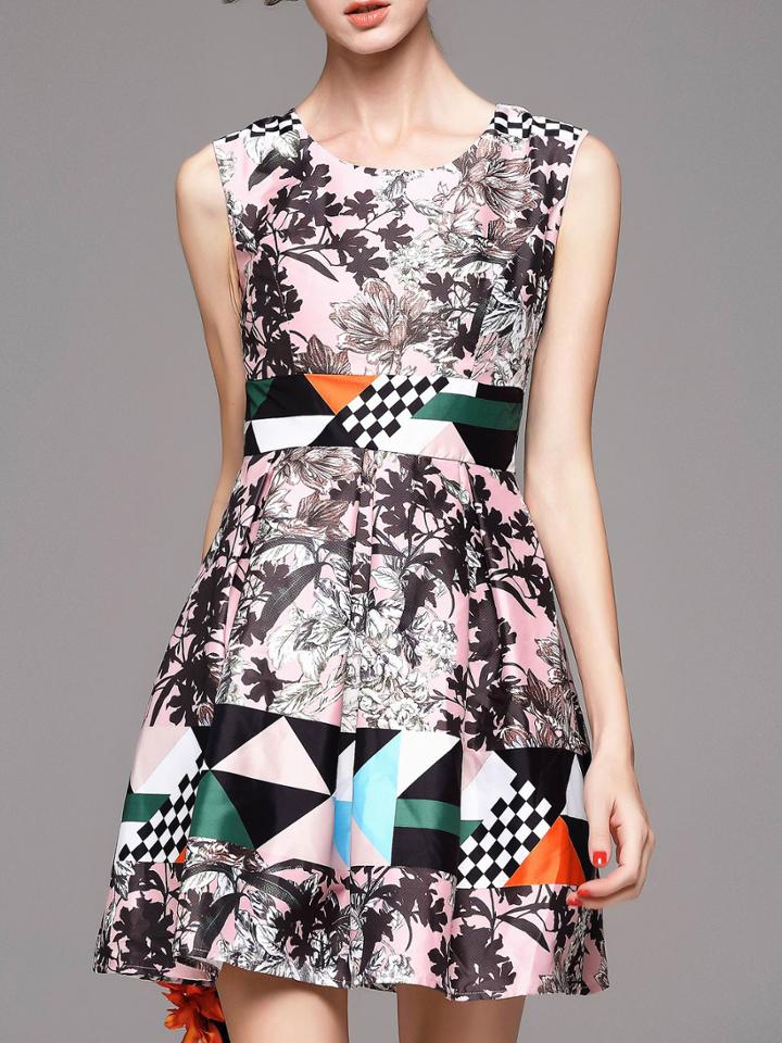 Romwe Pink Color Block Floral A-line Dress
