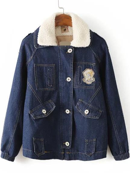 Romwe Lapel Patch Pockets Denim Removable Coat