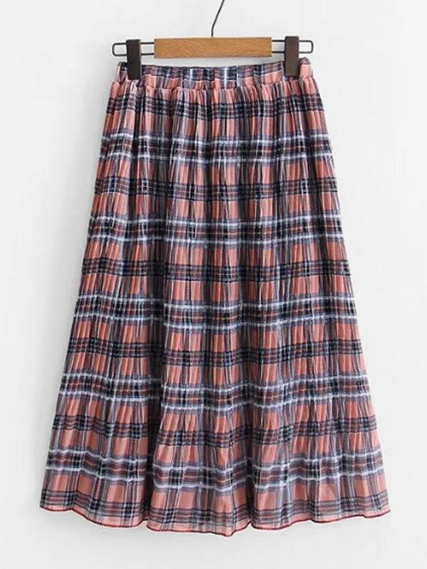Romwe Plaid Knee Length Skirt