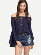 Romwe Navy Off-the-shoulder Bell Sleeve Blouse