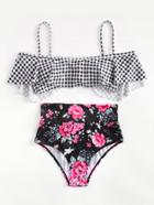 Romwe Calico Print Gingham Bikini Set