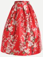Romwe Red Cherry Blossom Print Box Pleated Skirt