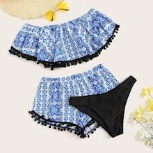 Romwe Random Floral Flounce Bikini Set With Shorts 3pack