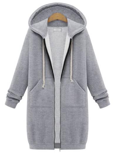 Romwe Hooded Drawstring Zipper Grey Coat