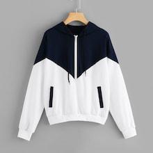 Romwe Drawstring Detail Two Tone Hooded Sweatshirt
