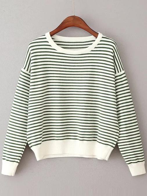 Romwe Green Striped Contrast Trim Sweater